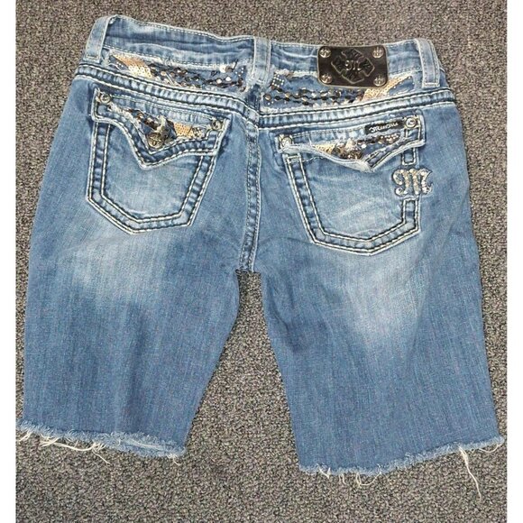 Miss Me Y2K Embellished Cutoff Jean Shorts Size 27 Bling Flap Pocket Denim - Picture 2 of 4